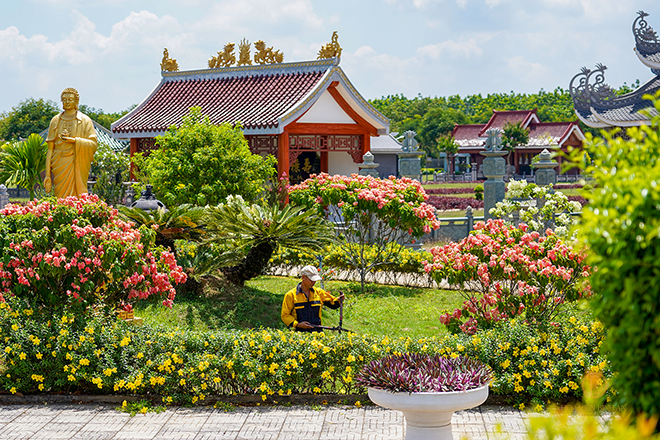 Nhân viên chăm sóc cây tại hoa viên